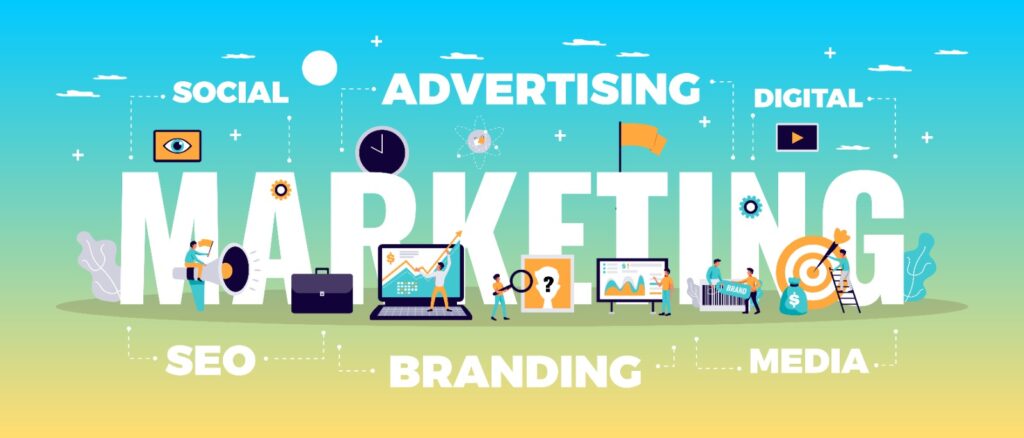 letters of marketing is written in a blue and cream gradient