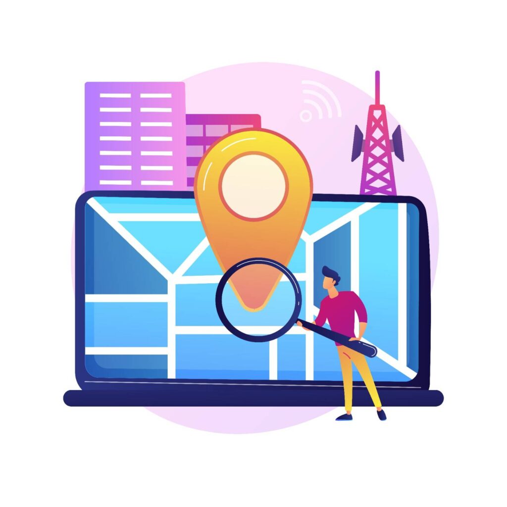 Location based advertisement. geolocation software, online gps app, navigation system. geographic restriction. man searching address with magnifier.
