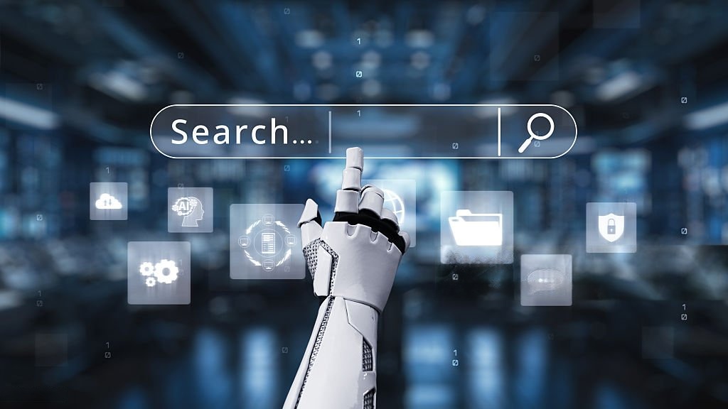 a robot hand touching search bar with represents GEO
